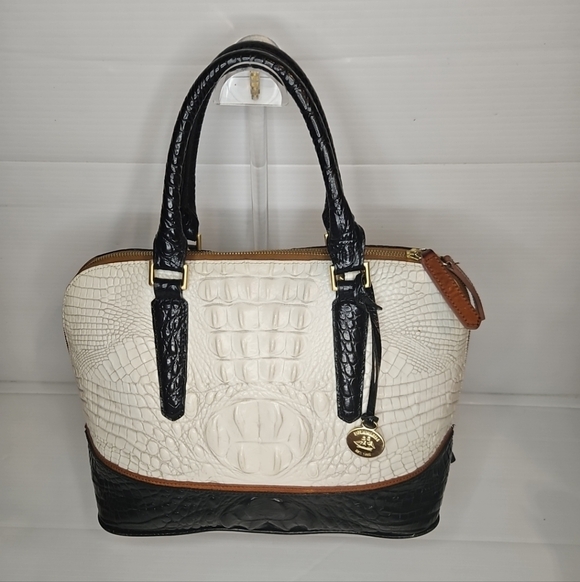 Brahmin Vivian Dome Satchel Black White Crocodile Embossed Metallic Leather Bag